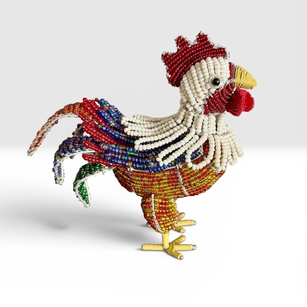 Handmade Beaded Wire Rooster Figurine Folk Art Farmhouse Decor Multi-Color‎